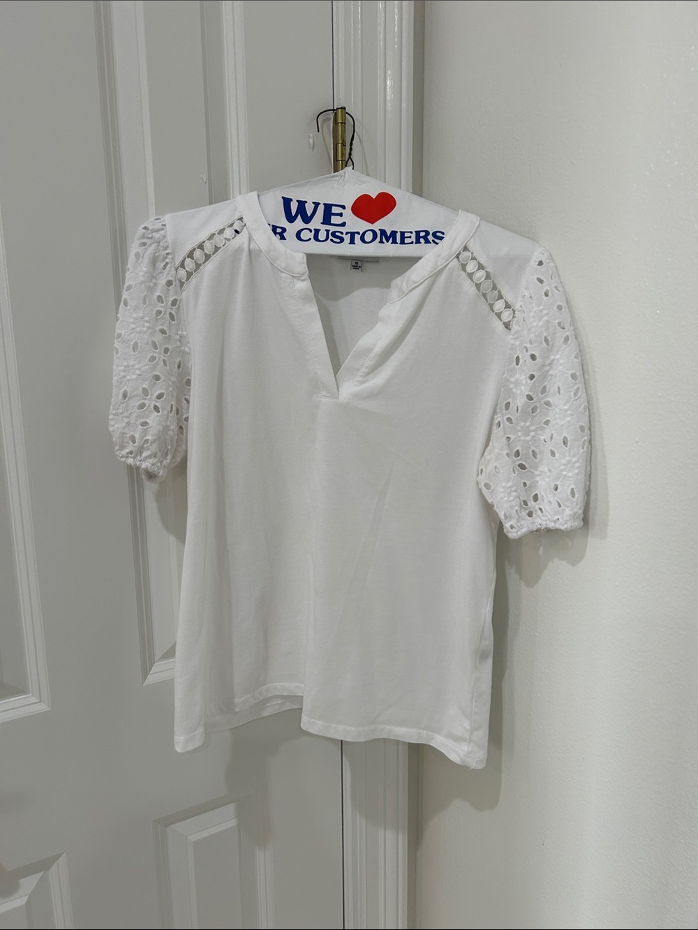 Women's White Eyelet Sleeve Split-Neck Blouse